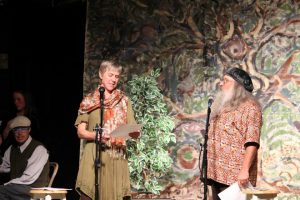 Ellen Metrick and Art Goodtimes on stage at the Norwood Harvest Dinner, October 2014.